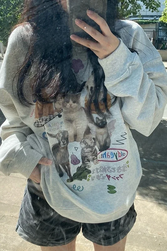 ミルク猫プリントトレーナー秋冬長袖ファッションストリート女性トップ原宿 Y2k 美的グラフィック女性服
