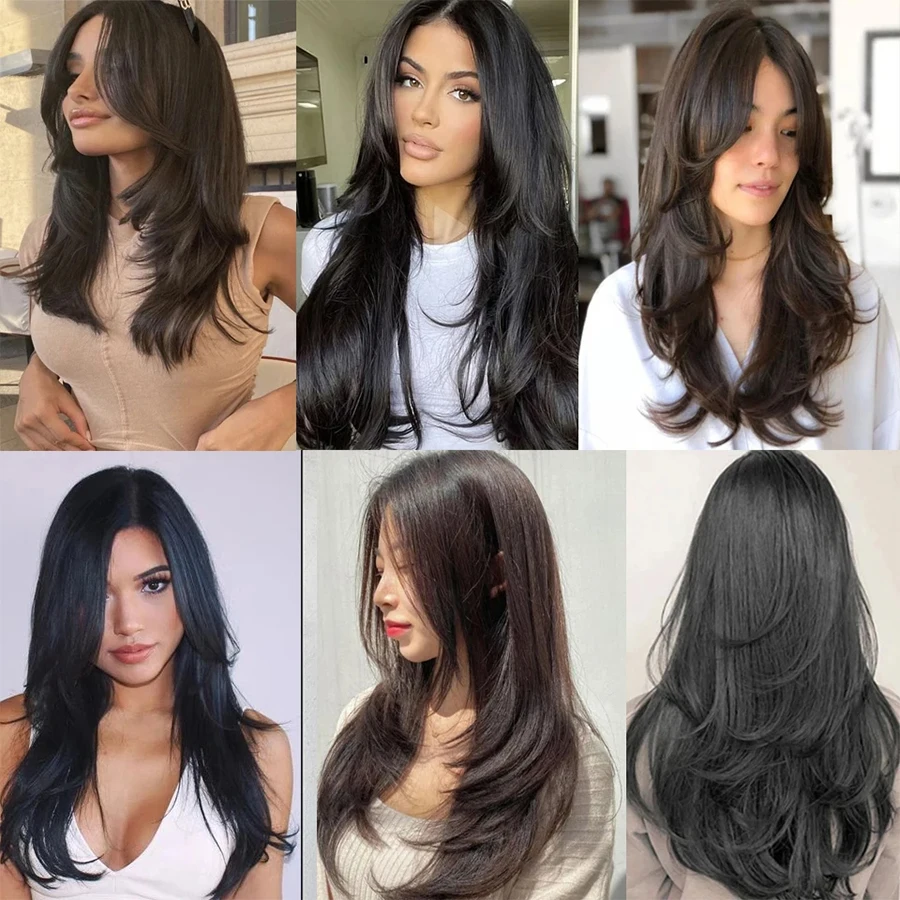 Peruca sintética feminina traceless invisível em forma de u cabelo longo e reto com fivela interna longo encaracolado peruca de extensão natural