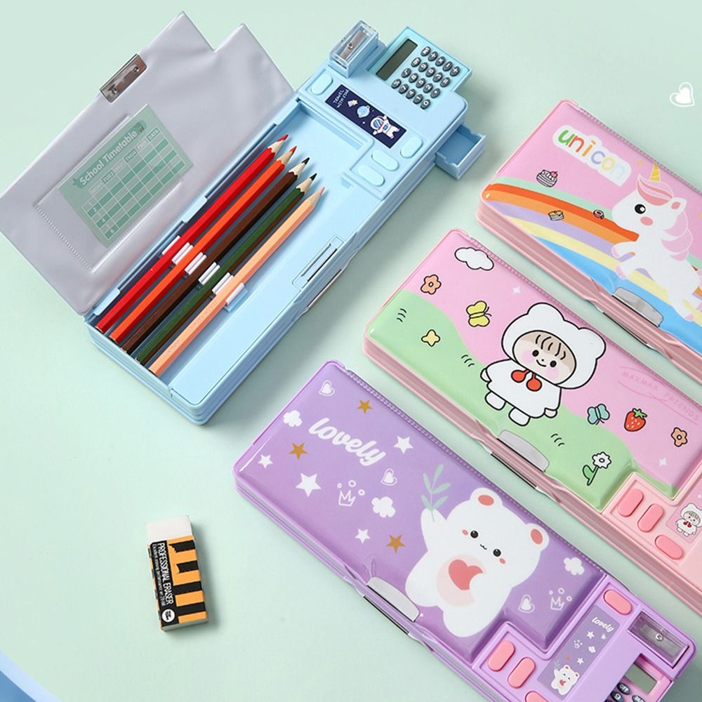 Double Layer Pencil Case Astronaut Animal Design Pencil Sharpener Pencil Box Plastic With Calculator Stationery Organizer