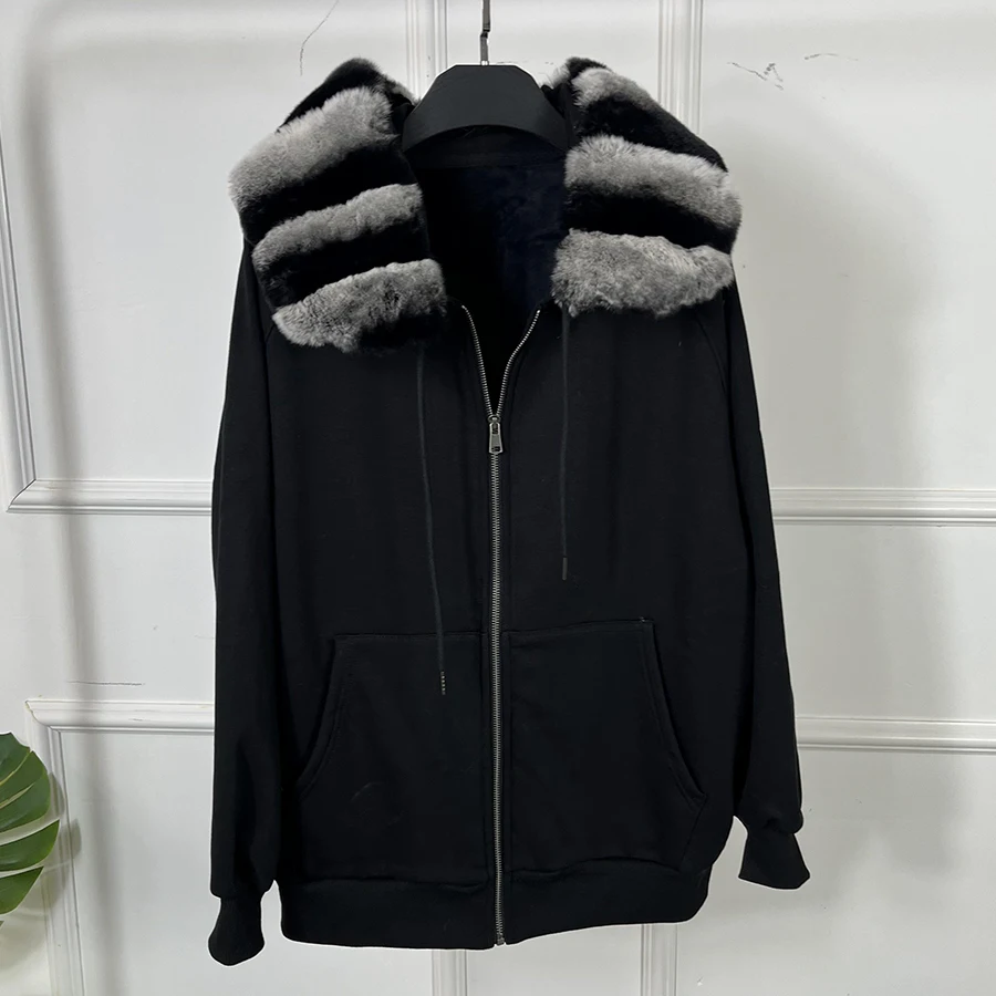 Abrigo de piel de conejo Real Rex para mujer, Sudadera con capucha informal, suéter de cachemira, chaqueta de moda, otoño e invierno, nuevo