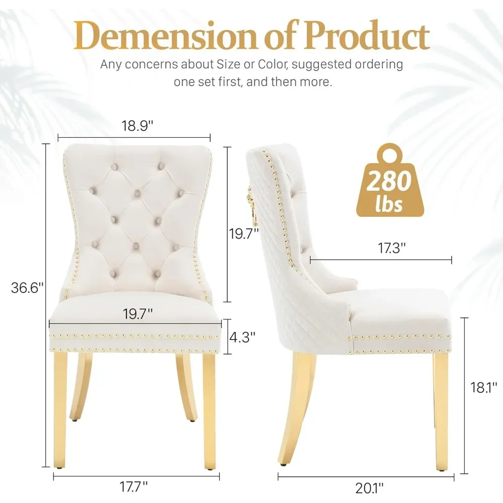Dining Room Chairs Set of 2,Tufted Upholstered Back Lion Pull Ring, Elegant Rhomboid Pattern Nail Head Trim, Armless Chairs