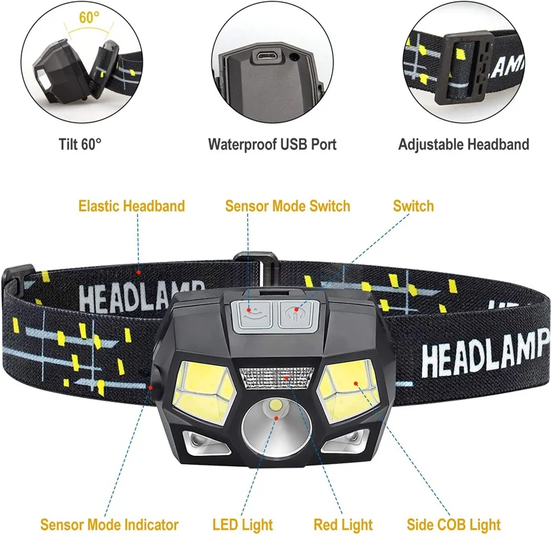 Linterna frontal recargable por USB, lámpara LED brillante para cabeza de 800 lúmenes, luz roja con Sensor de movimiento, luz frontal para pesca, senderismo y correr