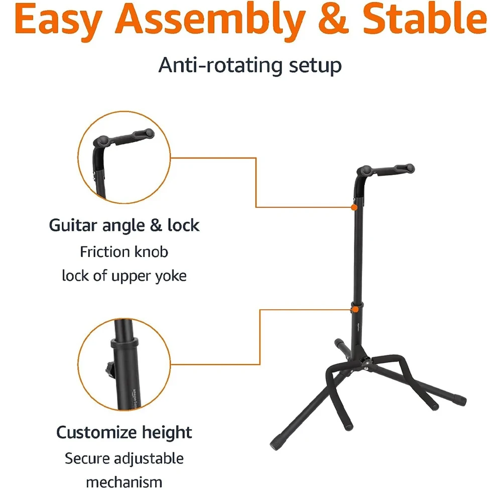Portable Universal Guitar Stand - Collapsible Single Stand with Safety Lock for Travel - Compact Tripod Design