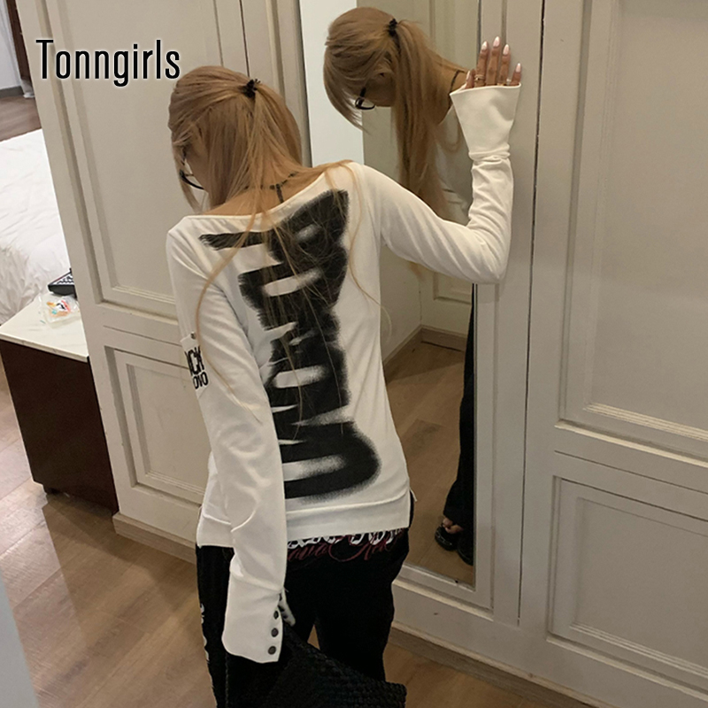Tonngirls американская футболка с принтом в стиле ретро, женские топы с длинными рукавами и пуговицами, топы Y2k, топы 2000-х годов, японские топы в стиле гранж, осень для электронных девочек