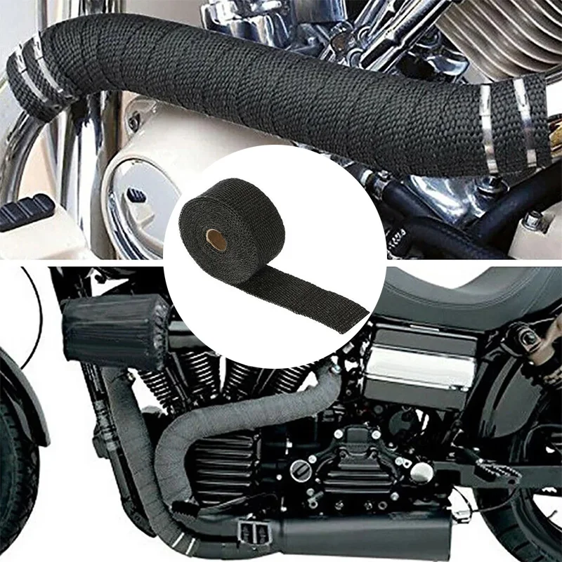 Motorcycle Thermal Tape Exhaust Heat Wrap Muffler Heat Shield High Temperature Insulation with Stainless Steel Ties 2.5cm*5m