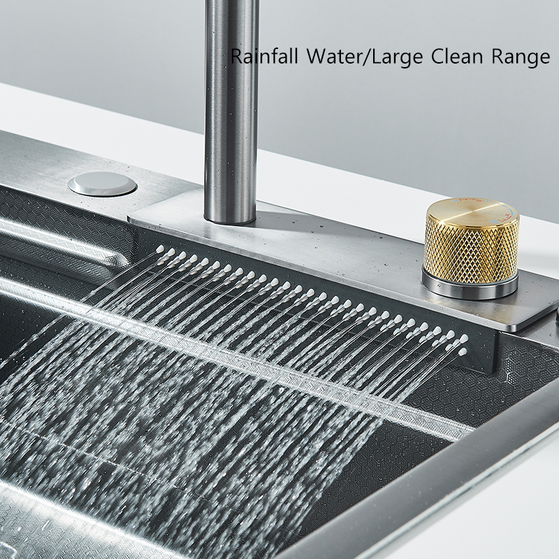 Wasserfall-Küchenspüle aus Edelstahl 304, groß, Einzelschlitz, integriert, 60 x 45 cm, Wasserhahn-Set, Seifenspender, reiner Wasserhahn