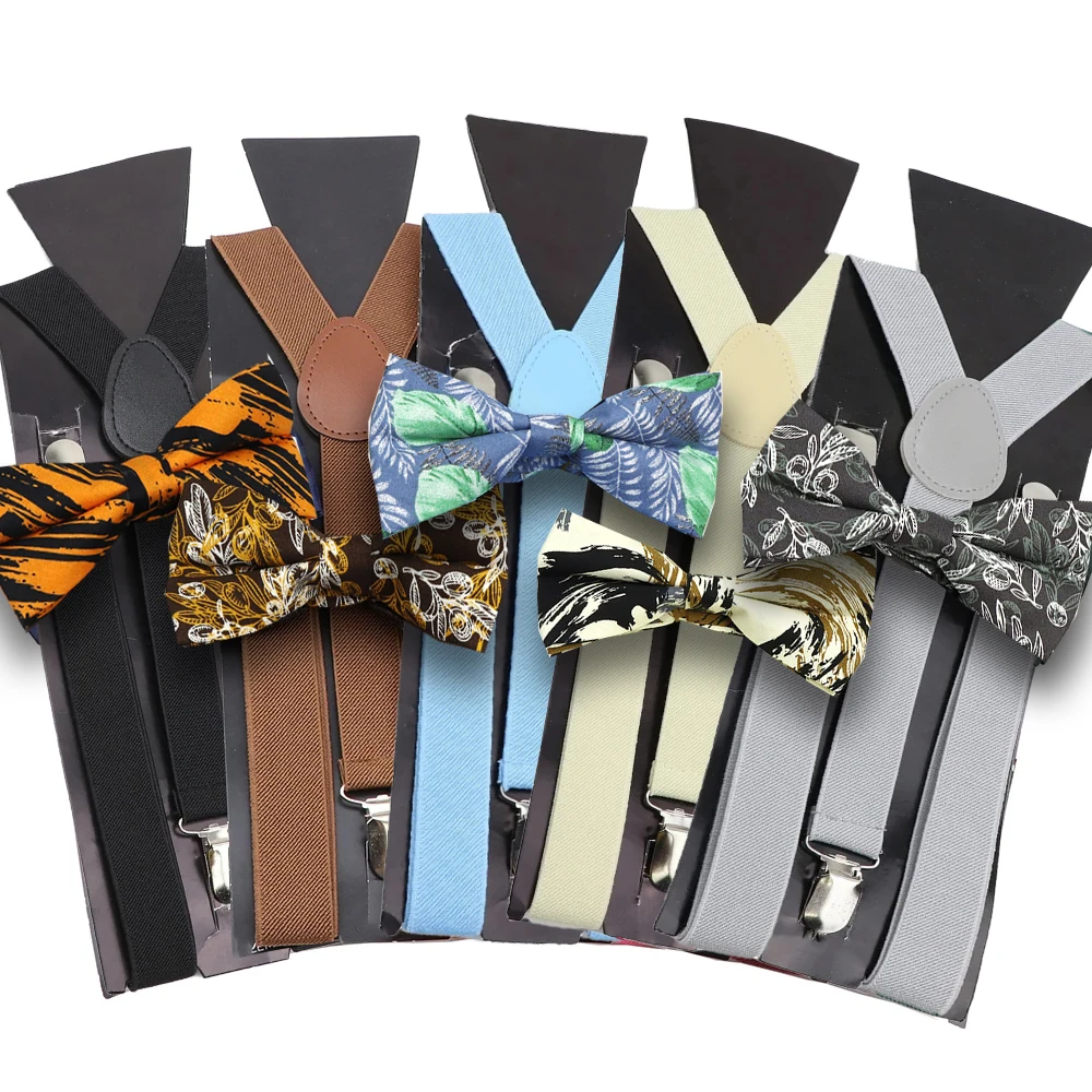 Suspender Floral Bowtie Set Cotton Parent-Child Bowtie Braces Elastic Leather Adjustable Braces Strap For Y-Back Shirt Accessory