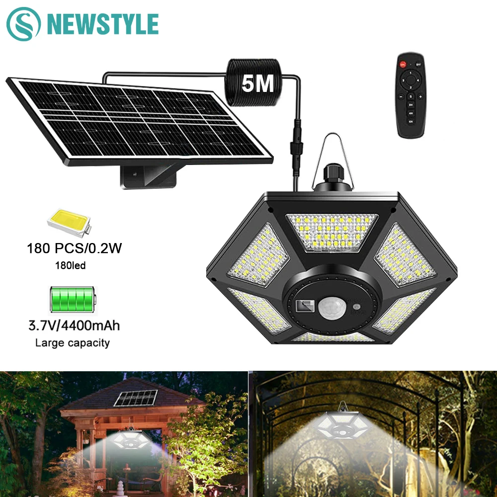 Lampy solarne wewnętrzna zewnętrzna lampa wisząca na energię słoneczną 180/228 LED lampa szopa czujnik ruchu z pilotem IP65 wodoodporna stodoła altana podwórko