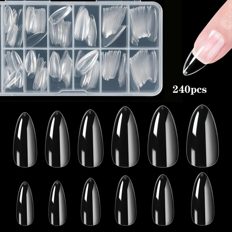 240 Puntas de uñas postizas de almendra, extensión de uñas postizas suaves y mate transparente, 12 tamaños para manicura de salón de uñas DIY en el hogar
