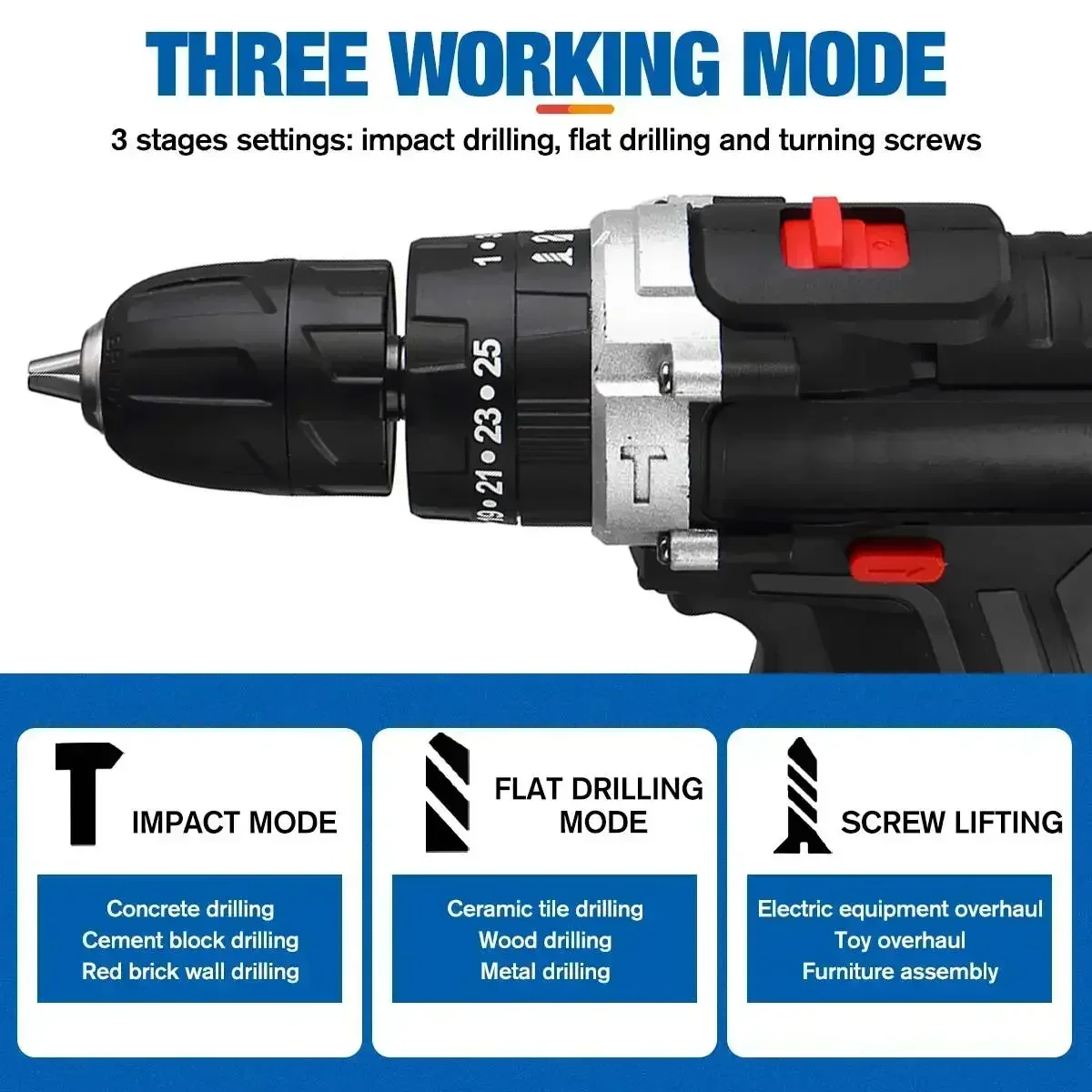25+3 Torque Electric Drill Cordless Electric Screwdriver Rechargeable Portable Lithium-Ion Power Tool Battery 2Speed DIY Driver