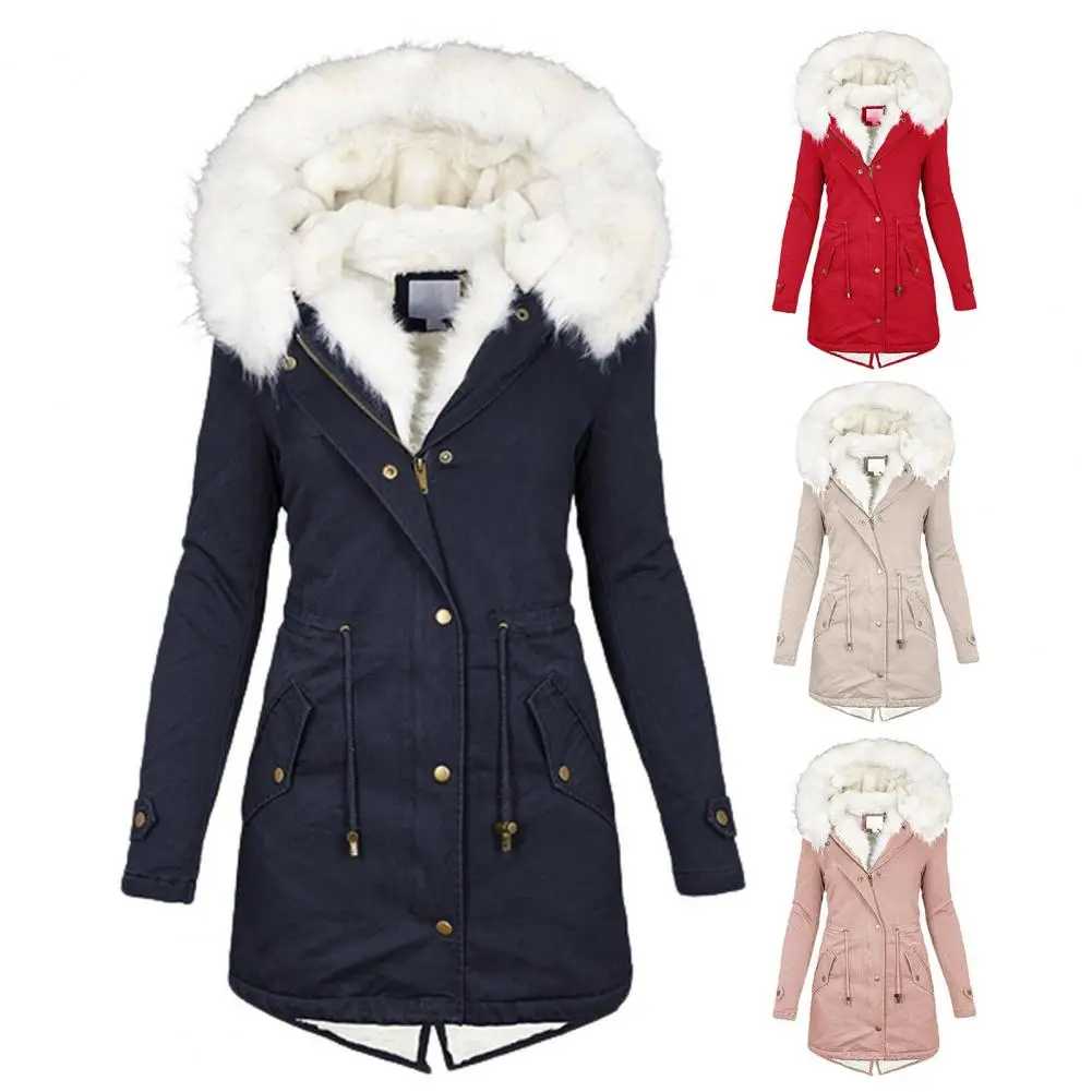 Abrigo clásico suave con cremallera y botones para mujer, abrigo ajustado con capucha de algodón acolchado de longitud media, chaqueta de invierno resistente al frío