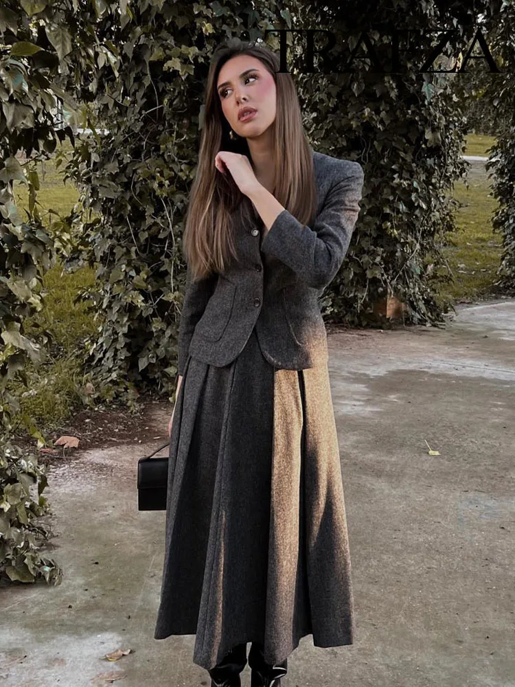 TRAFZA-Conjuntos de moda para mujer, chaqueta ajustada con cuello de pico liso + falda larga holgada y cómoda de estilo minimalista para mujer 2023