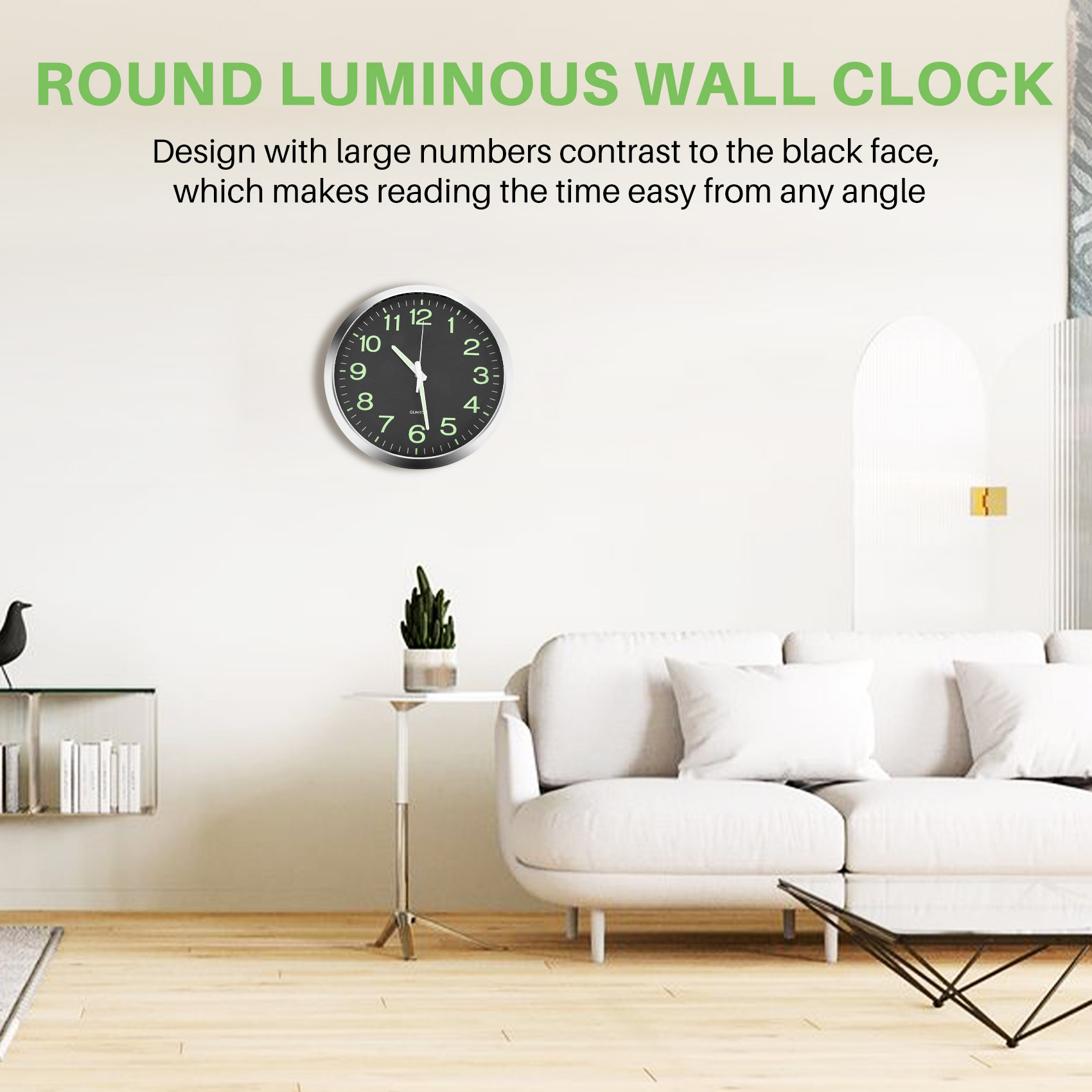 12 Inch Round Large Luminous Wall Clock Glow in the Dark Non-Ticking Indoor Decor -Silver