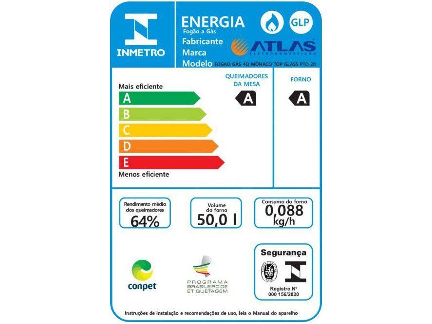 Fogão 4 Bocas Atlas Preto Mesa de Vidro Mônaco Top Glass - Bivolt