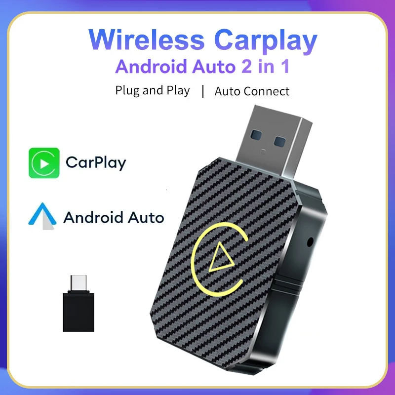 Adaptador carplay sem fio 2 em 1 e mini adaptador sem fio automático android, 5ghz wifi tipo-c/usb plug & play adaptador sem fio carplay