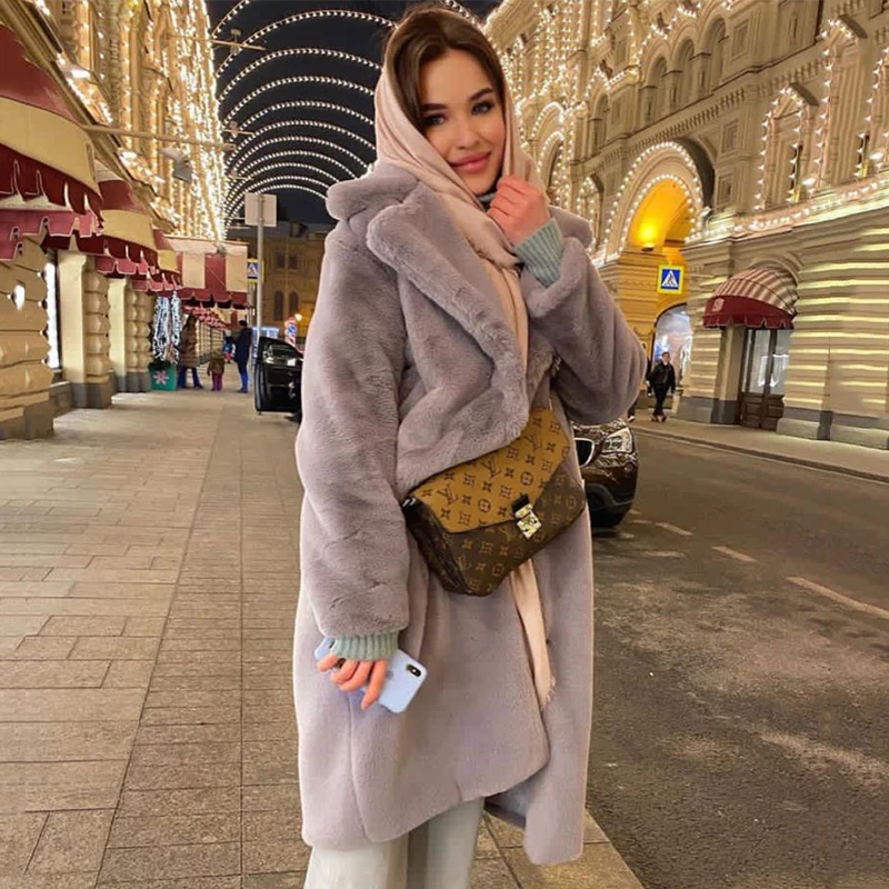 หรูหราฤดูหนาวยาวเสื้อกันหนาวผู้หญิงขนาดใหญ่Lapel Belted Fauxกระต่ายขนสัตว์เสื้อแจ็คเก็ตหญิงPlusขนาดOuterwear Plush Fur Coats