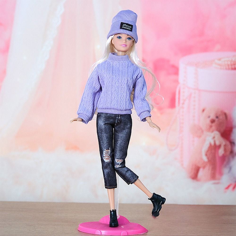30CM Puppe Kleidung Anzug Mode Tops Gestrickte Pullover Loch Jeans Hosen Miniatur Hut Beanie Für 1/6Bjd Kostüm mädchen Accessoires