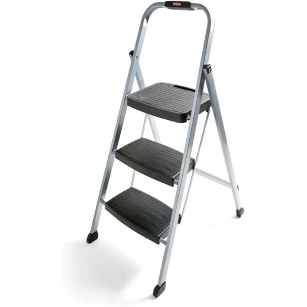 3-Step Steel Ladder,Folding Step Stool with Hand Grip and Non-Slip Feet, Silver, No Assembly Required