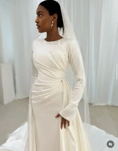 Custom Made Pleat Beaded Long Sleeves Mermaid Wedding Dresses With Detachable Train