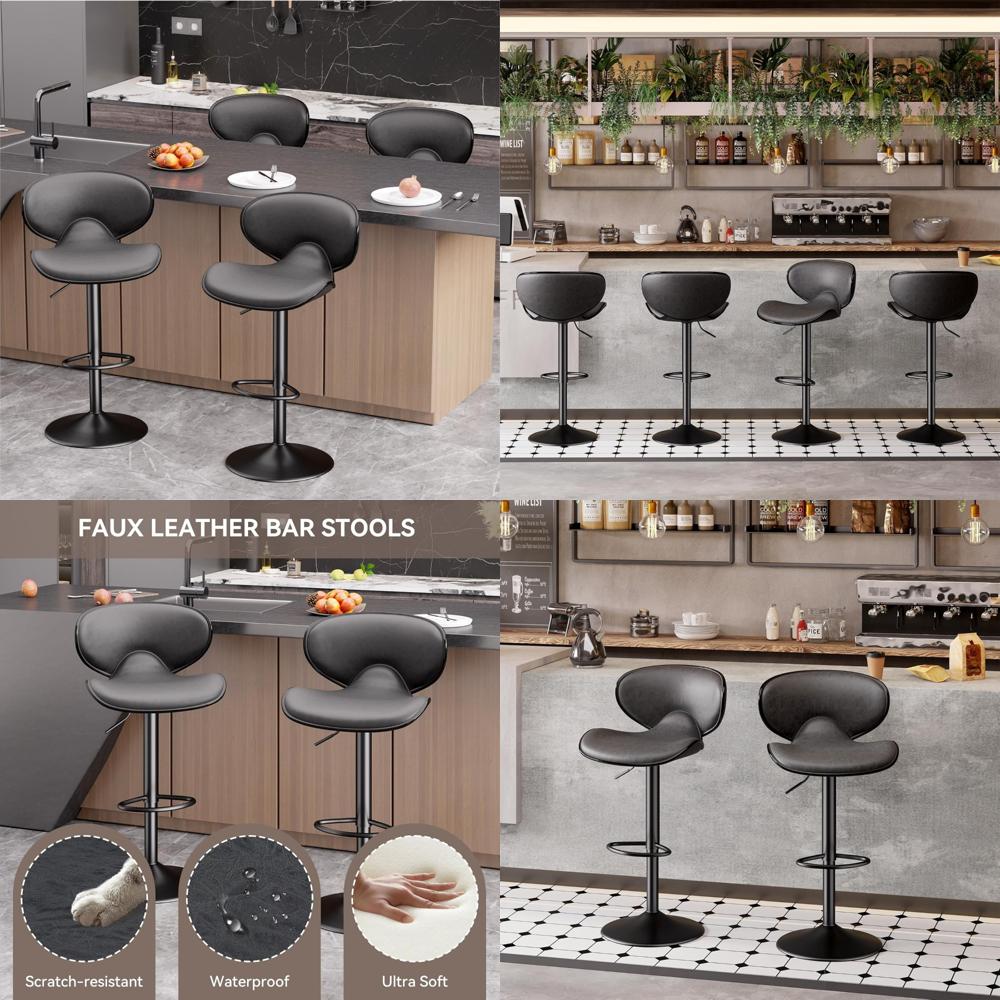 Set of 4 Swivel Faux Leather Bar Stools with Backrest and Footrest, Adjustable Counter Height Kitchen Stools
