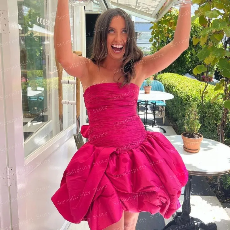 Strapless Mini Comprimento Ruffled Mulher Roupas com Arco, Fúcsia Open Back Party Dress, Rosa quente, Custom Made Vestuário