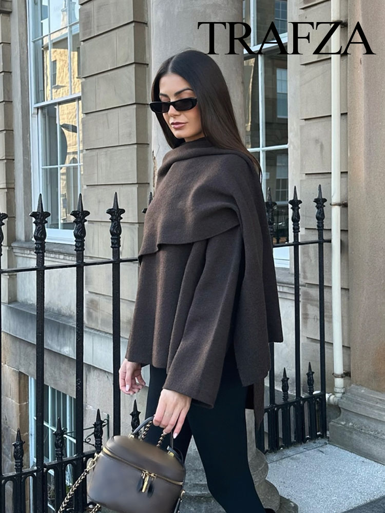 TRAFZA Wintermode Asymmetrischer Schal Damen Kurzer Strickmantel Langarm Single Button Lose Damen Elegante Strickjacken