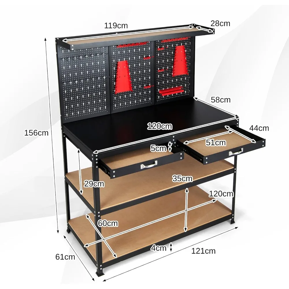 Workbench with Pegboard, 121 X 61 X 156 Cm Garage Work Bench with 2 Drawers & 25 Hanging Accessories, 435kg Capacity,Workbenches