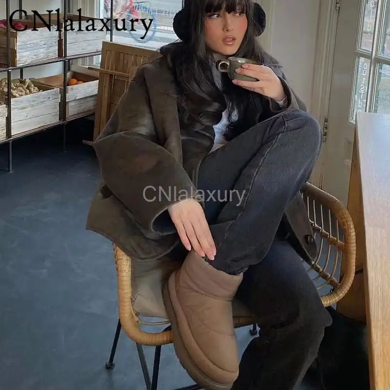CNlalaxury 女性ファッション冬の新フェイクファーフリースジャケット長袖ラペルシックな女性のシングルブレスト暖かいショートコート Mujer