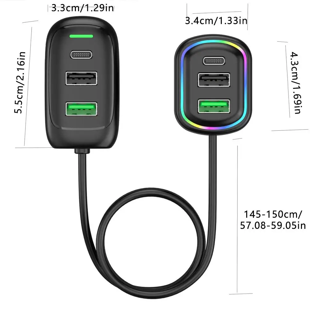 6-Ports USB Typ-C Vorder- und Hinterverlängerung Autoladegerät mit RGB-Licht PD Schnelllade-Netzteil für iPhone Tablet