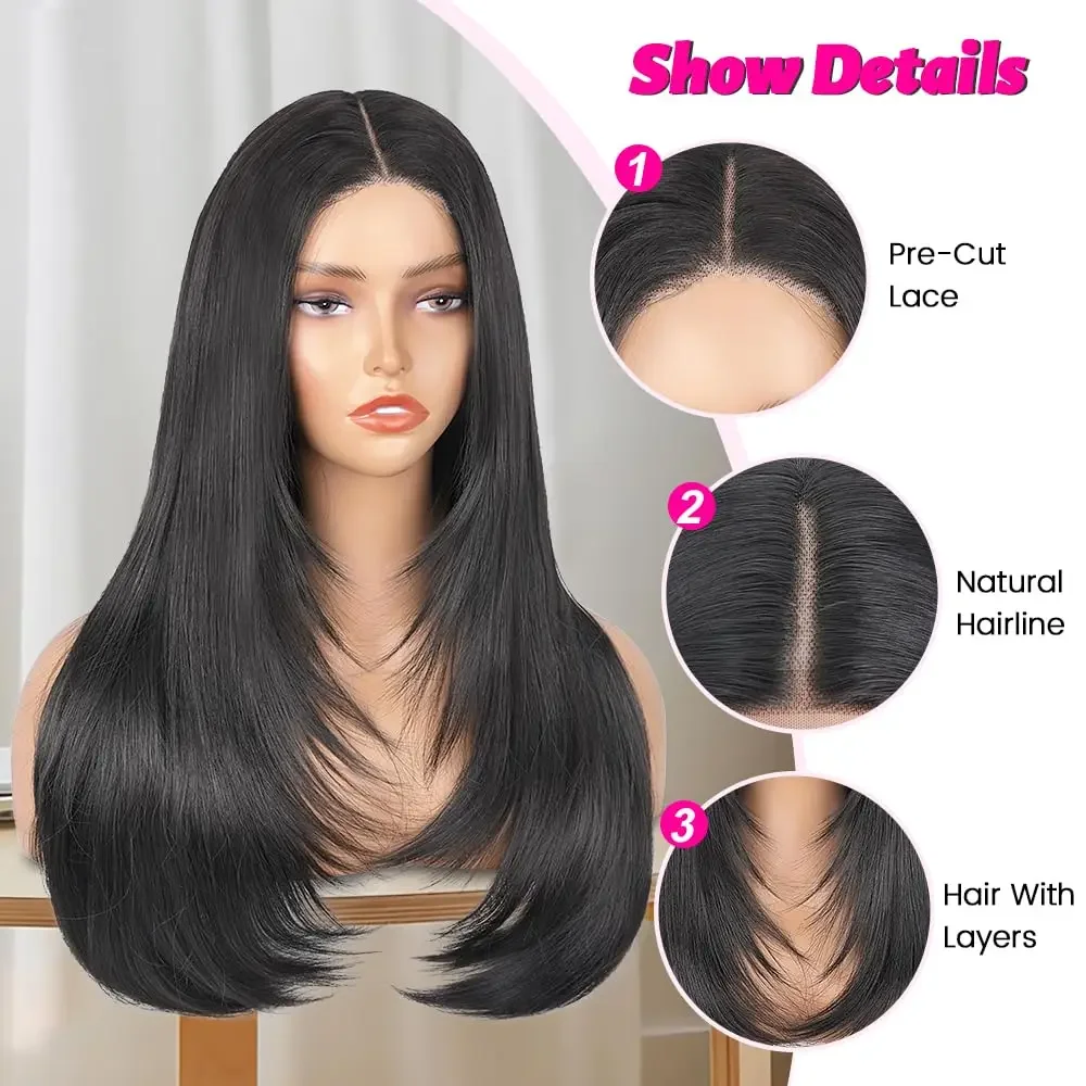 Corte em camadas em linha reta perucas de renda sem cola para preto feminino pré corte borboleta corte de cabelo em linha reta 4x4 hd fechamento do laço perucas sintéticas