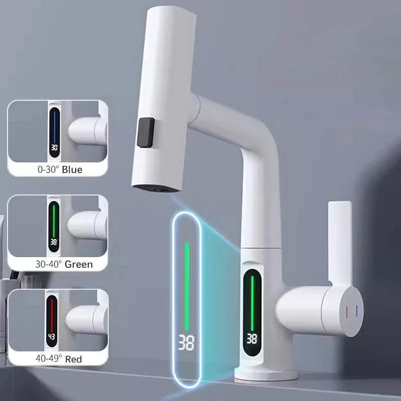 Robinet de cuisine extractible en cascade à affichage numérique Intelligent, robinets mélangeurs froids et chauds, robinet de lavabo de levage d'évier rotatif