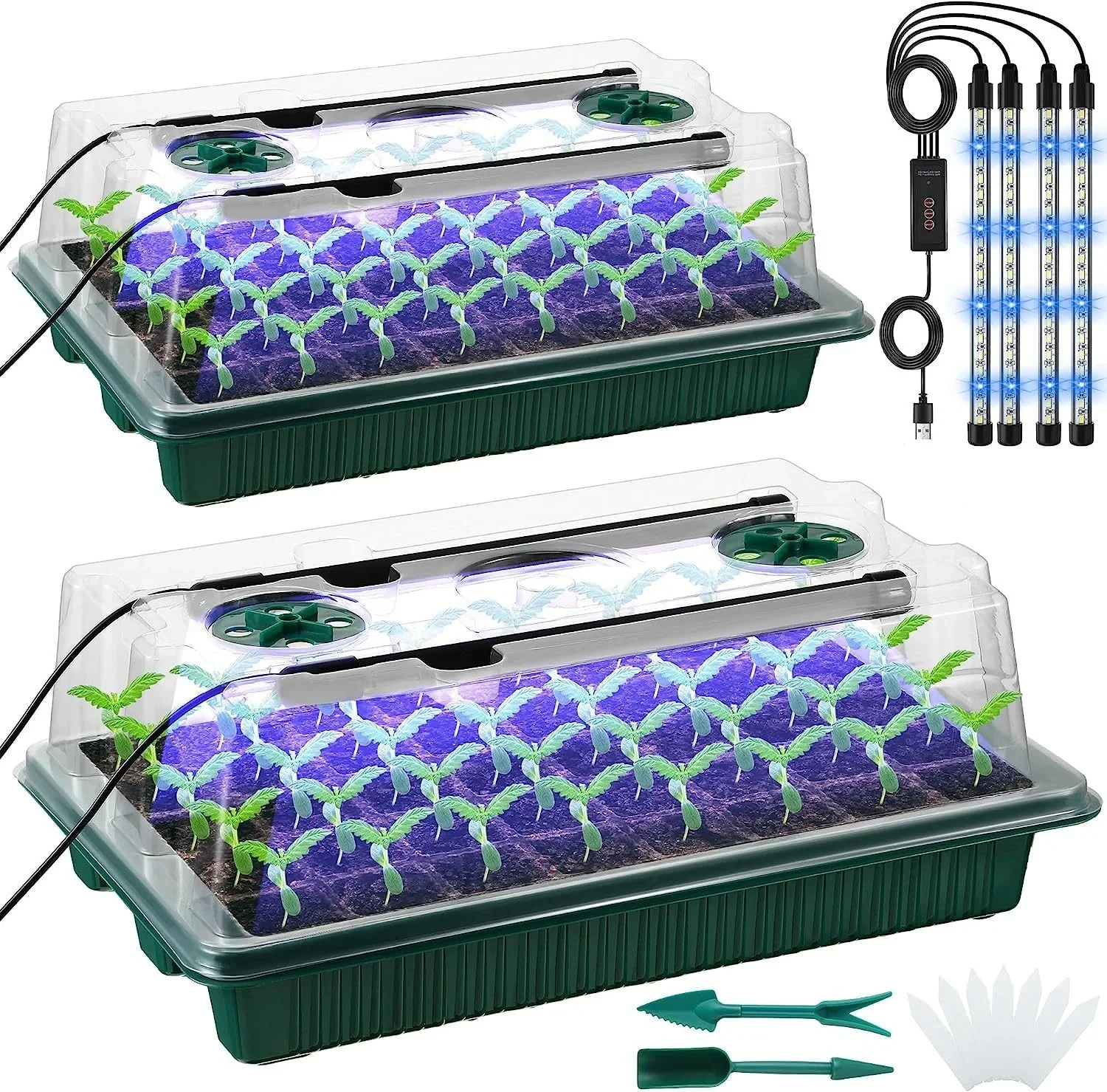 2-packs, zaadstartbakken met hoge koepelkimpset - 80 cellen, 4 LED-kweeklampen, slimme timer en 3 modi voor thuistuin