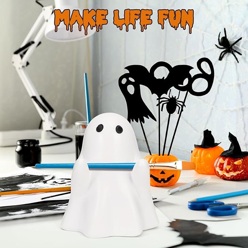 Cute Halloween Ghost Pen Holder Little Ghost Statue Design Pencil Support for Home Office Desktop Decoration