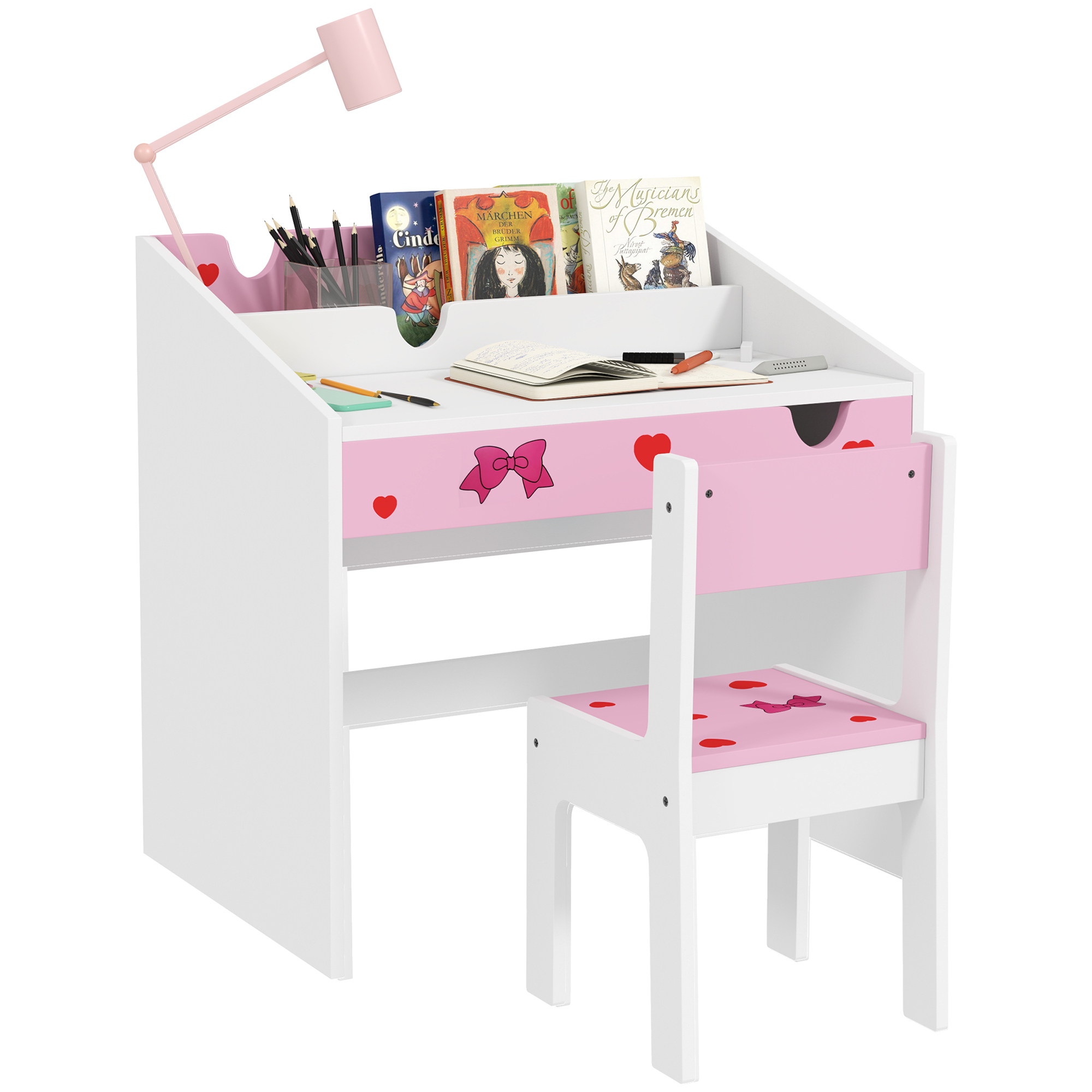 AIYAPLAY Children Study Table and Chair with Storage, Pull-out Drawer for 3-6 Years Old, Star & Moon Pattern