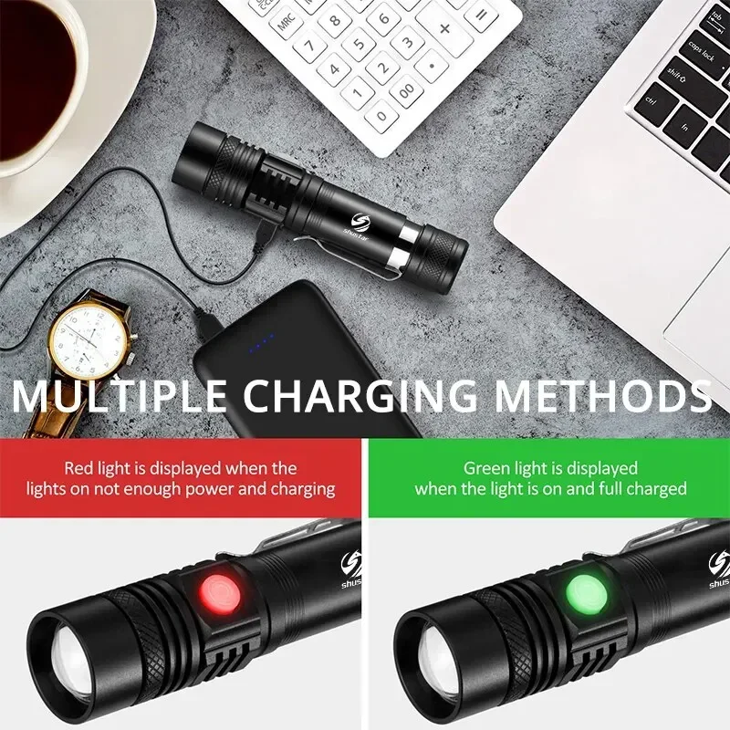 High Power T6 Led Flashlights Zoomable Camping Torch With Pen Clip Waterproof 4 Lighting Modes Multi Function USB Charger