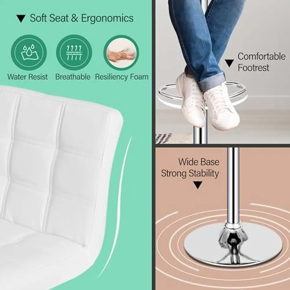 Adjustable Swivel Metal Bar Stools Set of 4 PU Leather Kitchen Counter Height Square Chair Ergonomic Design 360° Rotation White