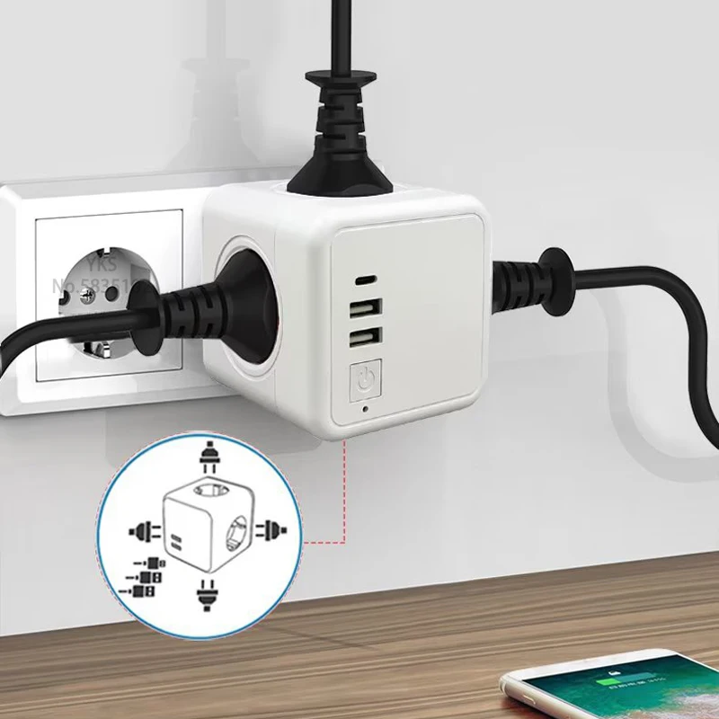 EU Kr Plug Multiprise Steckdosenleiste mit 4 AC-Steckdosen + 2 USB-Anschlüssen + 1 Typ C 5 V 3,1 A Cube-Adapter Multi-Steckdose Ein/Aus-Schalter