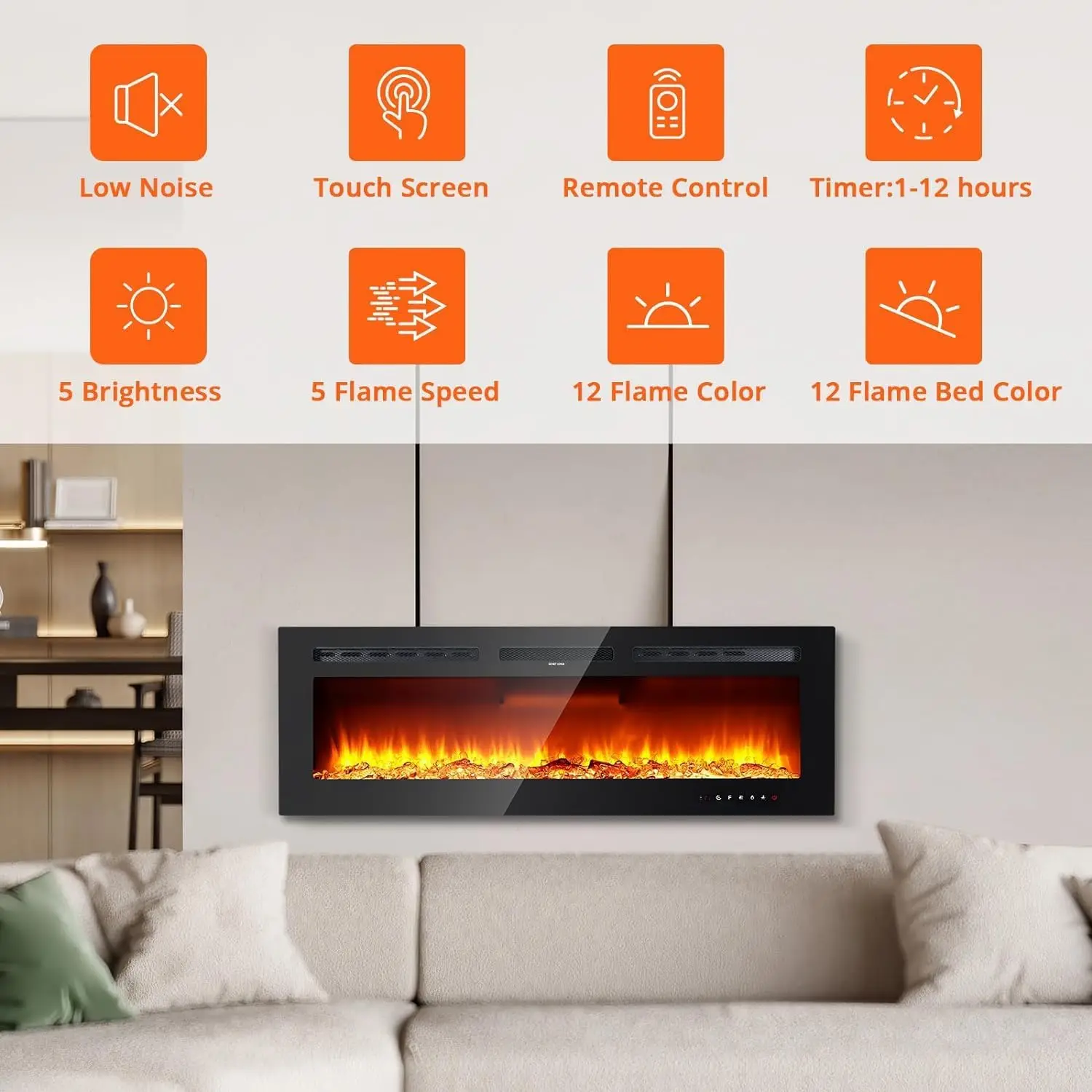 Lareira elétrica, 3 em 1 3D montada na parede com aquecimento de 1800 W/12 modos de cor LED com efeito de chama/controle remoto/temporizador de até 12 horas
