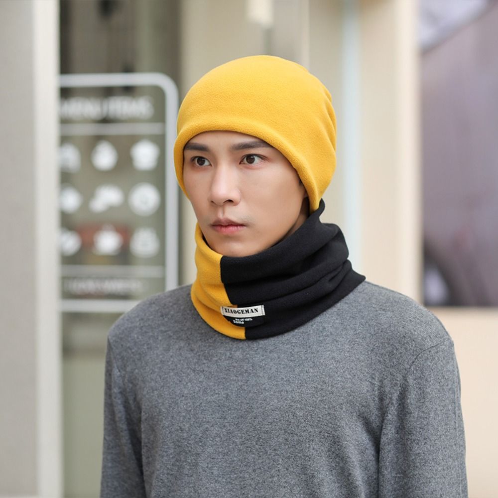 Comfortable Thicken Men's Neck Warmer Hat Velvet Color Blocking Pullover Cap Men Warm Soft Windproof Hat Hiking
