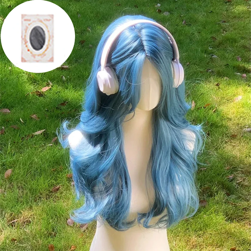 22 インチ海ブルー色合成かつら中間部ロングナチュラルウェーブのかかった女性のためのコスプレドラッグクイーンパーティー耐熱