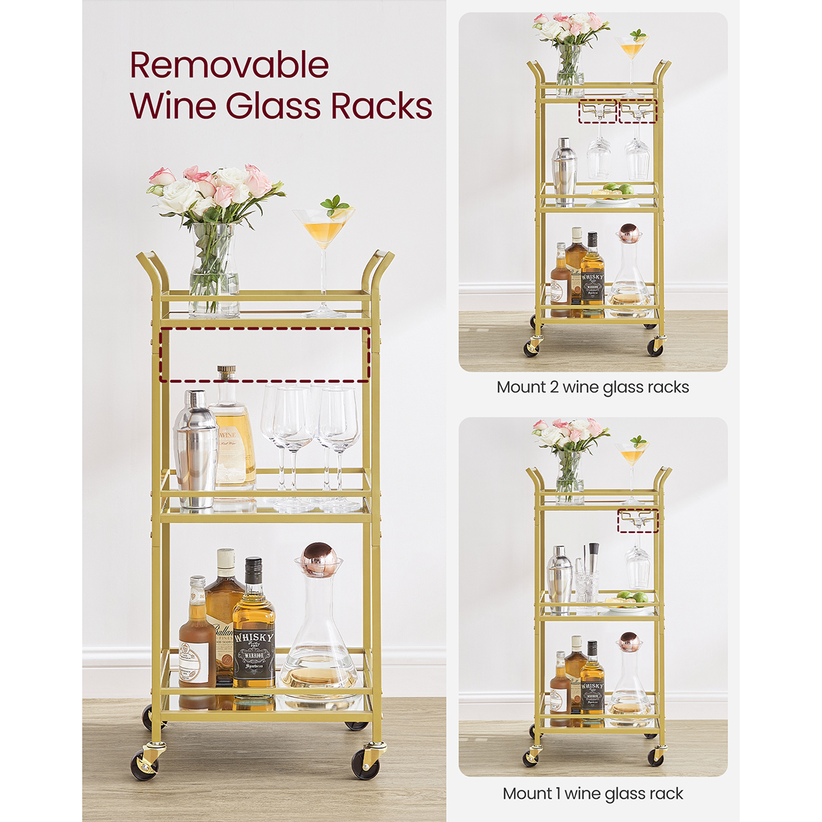 VASAGLE 3-Tier Drinks Trolley, Gold Bar Cart on Wheels, with Handles, Mirrored Glass Shelves, Serving Trolley for Small Spaces