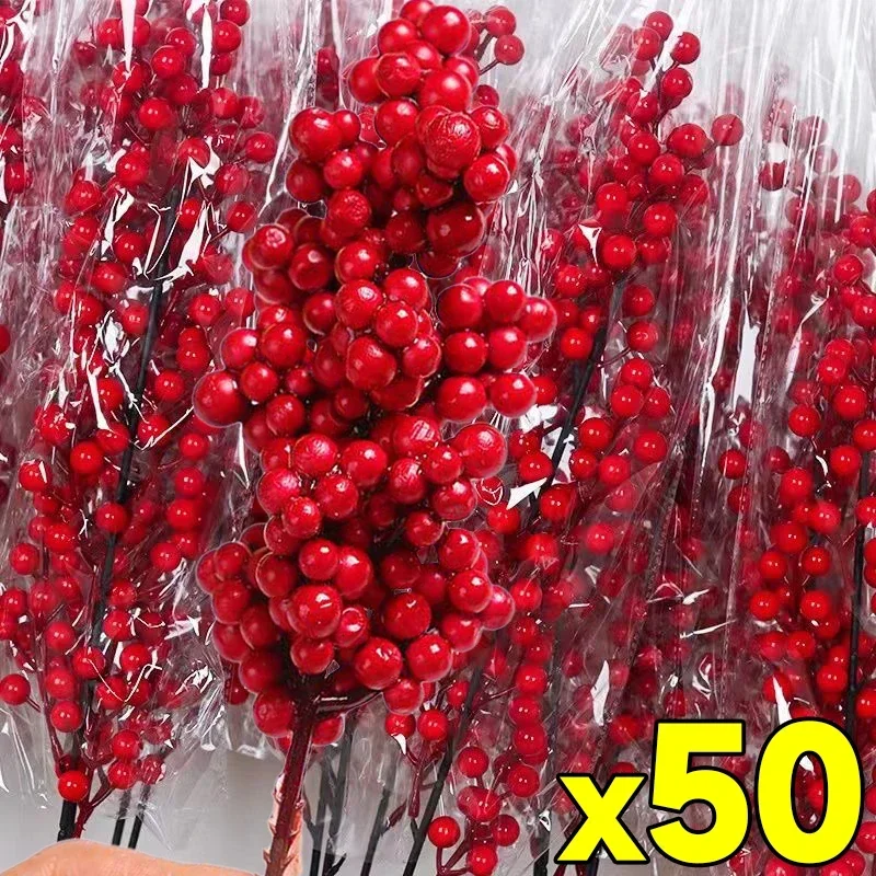 Weihnachten rote Beeren Zweig gefälschte Pflanzen Blumen künstliche Stechpalme Beere Staubblatt Kranz Ornamente für Weihnachtsbaum Party Home Decor