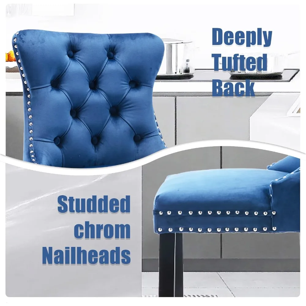 Modern Velvet Upholstered Bar Stools Set of 4 with Wood Legs, Button Tufted,Chrome Nailhead, Counterstool Seat, Armless