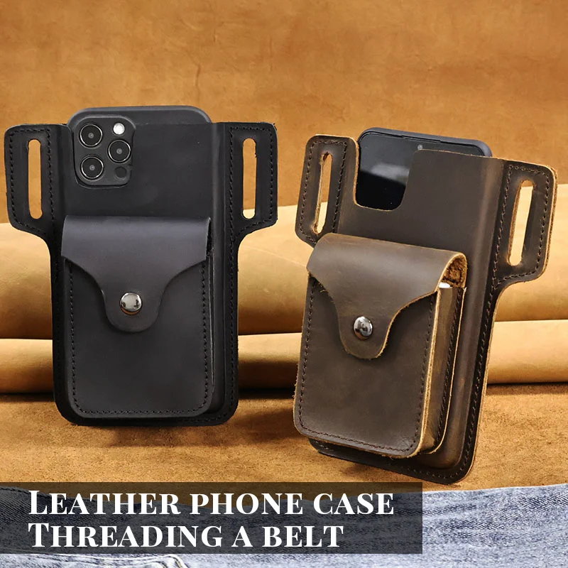 Echtes Leder-Handy-Holster-Gürteltasche, lässige Hüfttasche für Herren, Handytasche, Brieftaschentasche, Zigarettenschachtel für iPhone