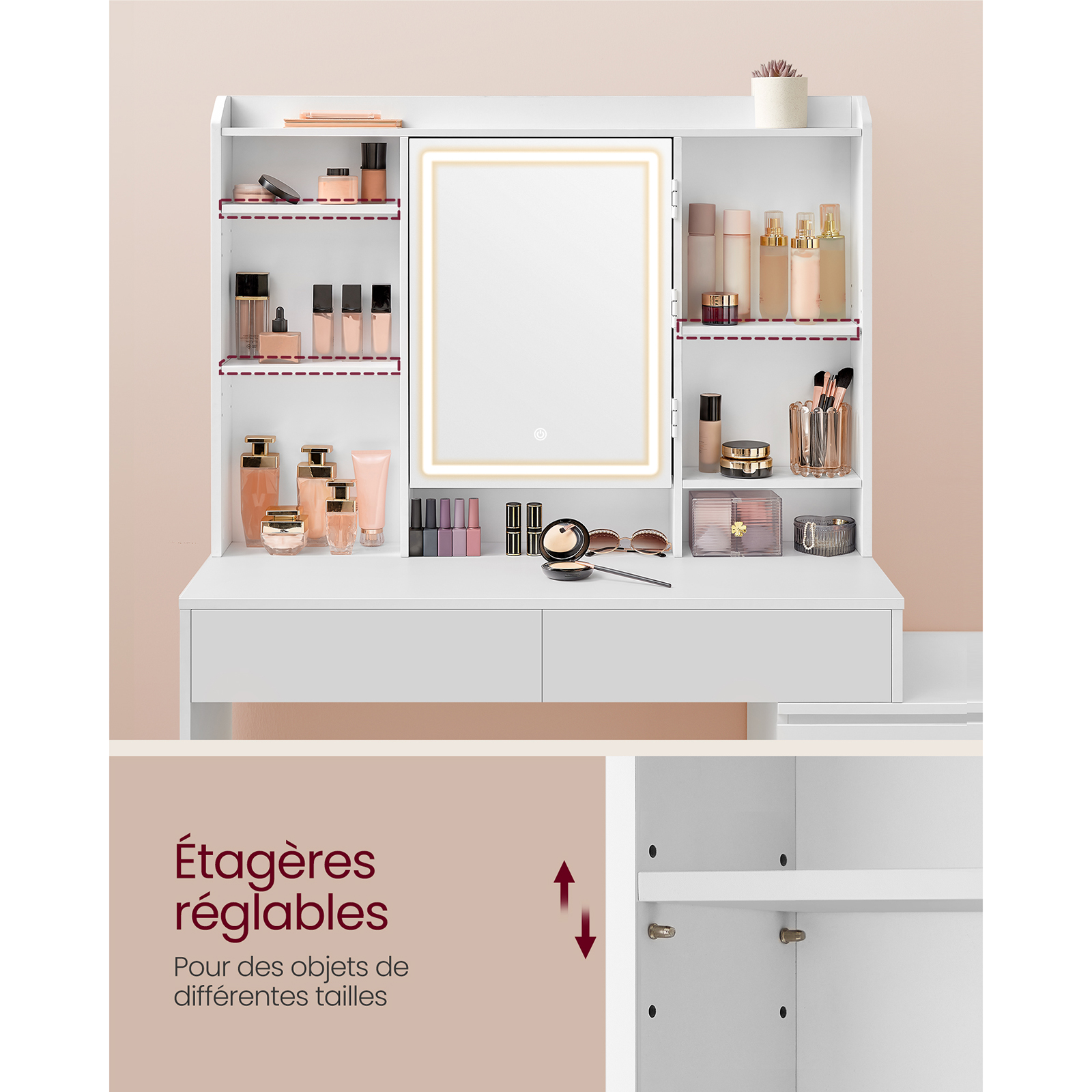 Coiffeuse - VASAGLE - Moderne - Blanc Nuage - 7 compartiments ouverts - 6 tiroirs - Étagères Réglables