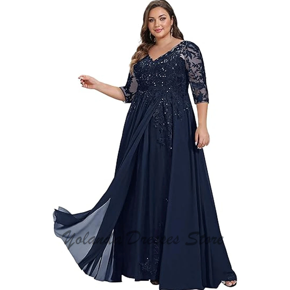 Robes mère de la mariée classiques personnalisées, col en V, manches 3/4, paillettes, robes formelles de soirée en mousseline de soie, appliques à lacets dans le dos
