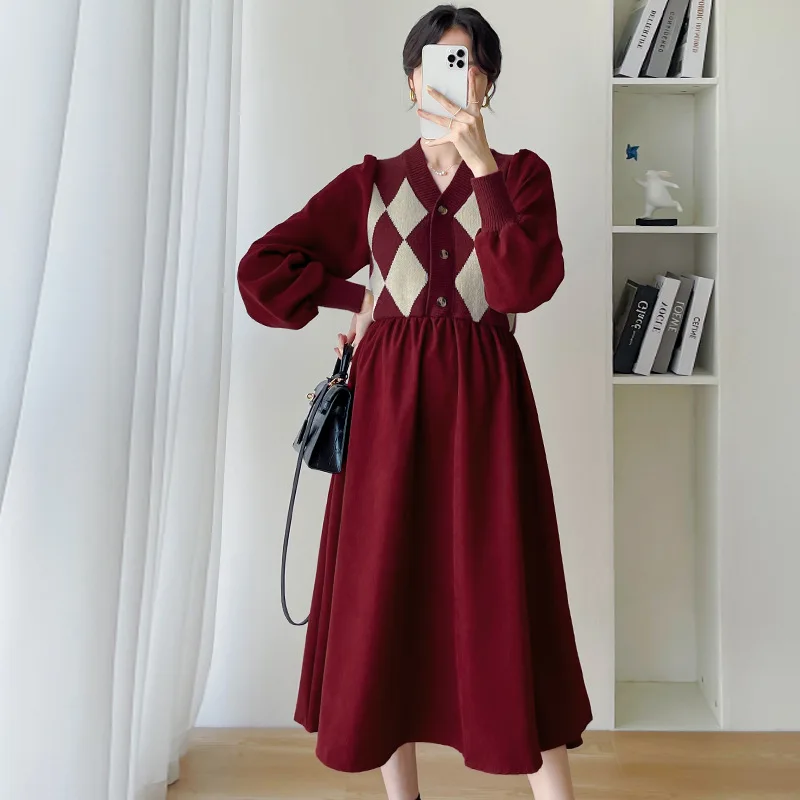 Vestido largo de punto para mujer embarazada, ropa de embarazo, suéter de retazos con cuello en V y botones, otoño e invierno, 2023