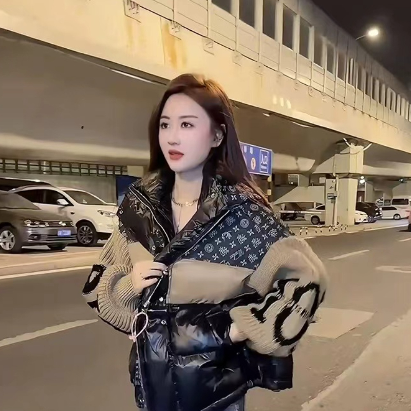 Patchwork Women Jacket Short Winter Coat Female Hooded Letter Parka Fashion Color Blocking Down Jacket Loose Padded Coats Down