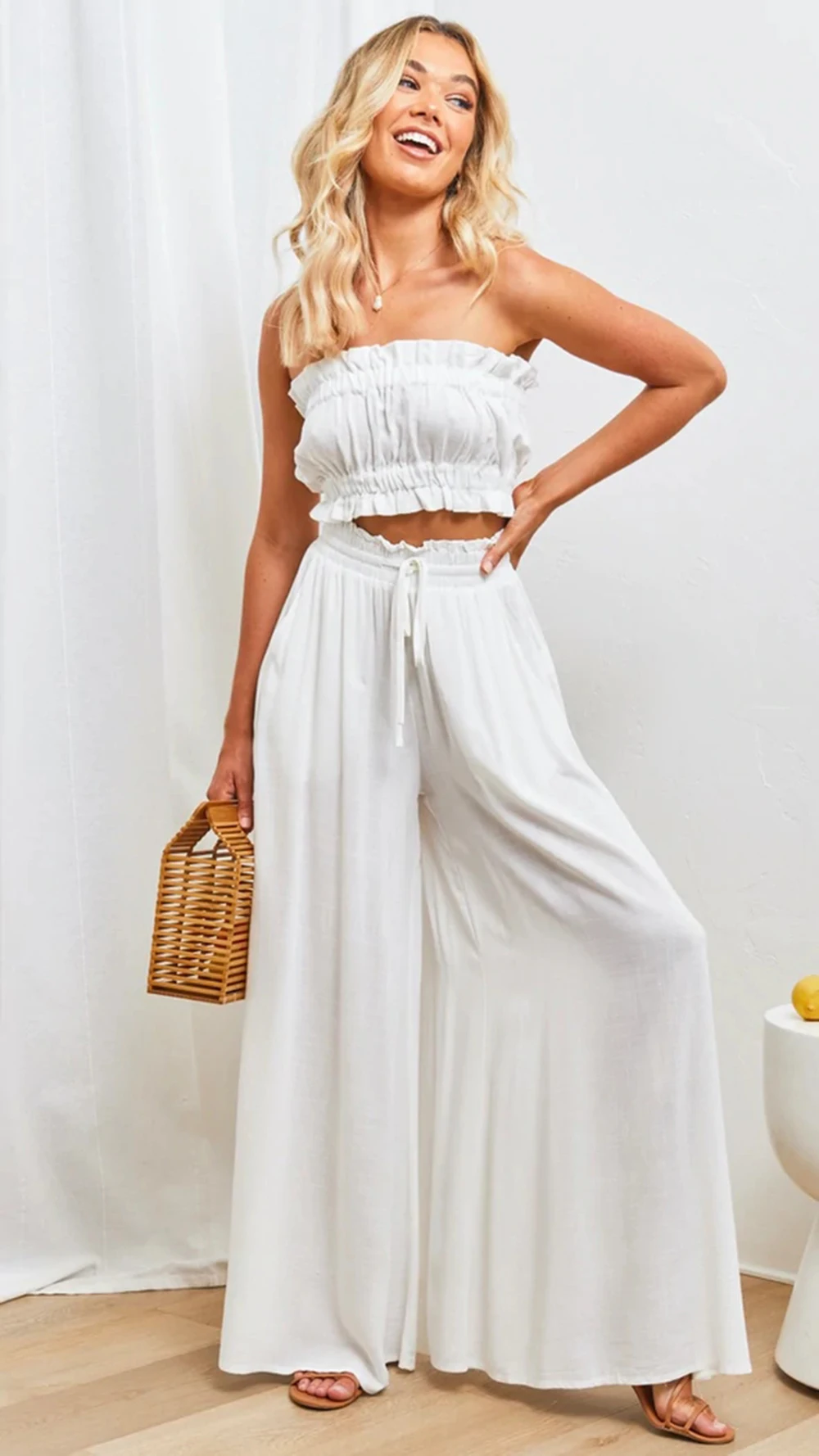 Calças femininas de verão Wde Leg com cintura elástica