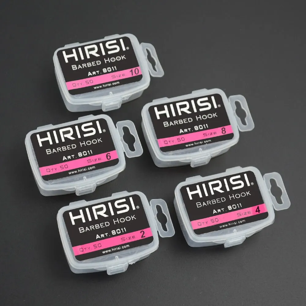 Hirisi ปลาคาร์พตะขอตกปลา 50 ชิ้น PTFE เคลือบเหล็กคาร์บอนสูงตะขอหนามในกล่อง 8011